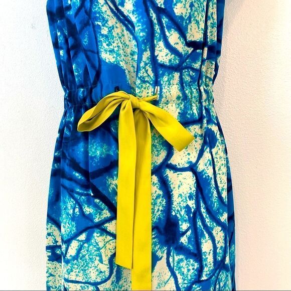 Yoana Baraschi Blue Dress With Chartreuse Accent Belt 100% Silk  Anthropologie - Picture 6 of 16